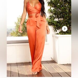 Two piece. Elegant Orange Women's Satin Pant set .